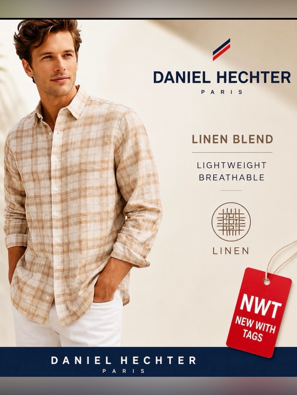 Daniel Hechter Paris Men L Plaid Linen Blend Shirt Button Down Vacation NWT Work